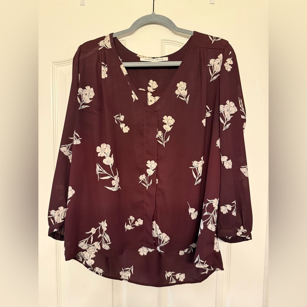 Collective Concepts Merlot Floral Blouse Sheer V-Neck Burgundy XL EUC - Picture 9 of 16